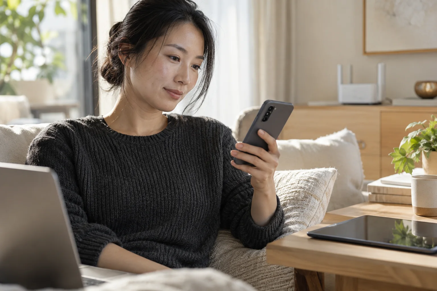 成年人在家中查看Android手机，旁边有笔记本和平板