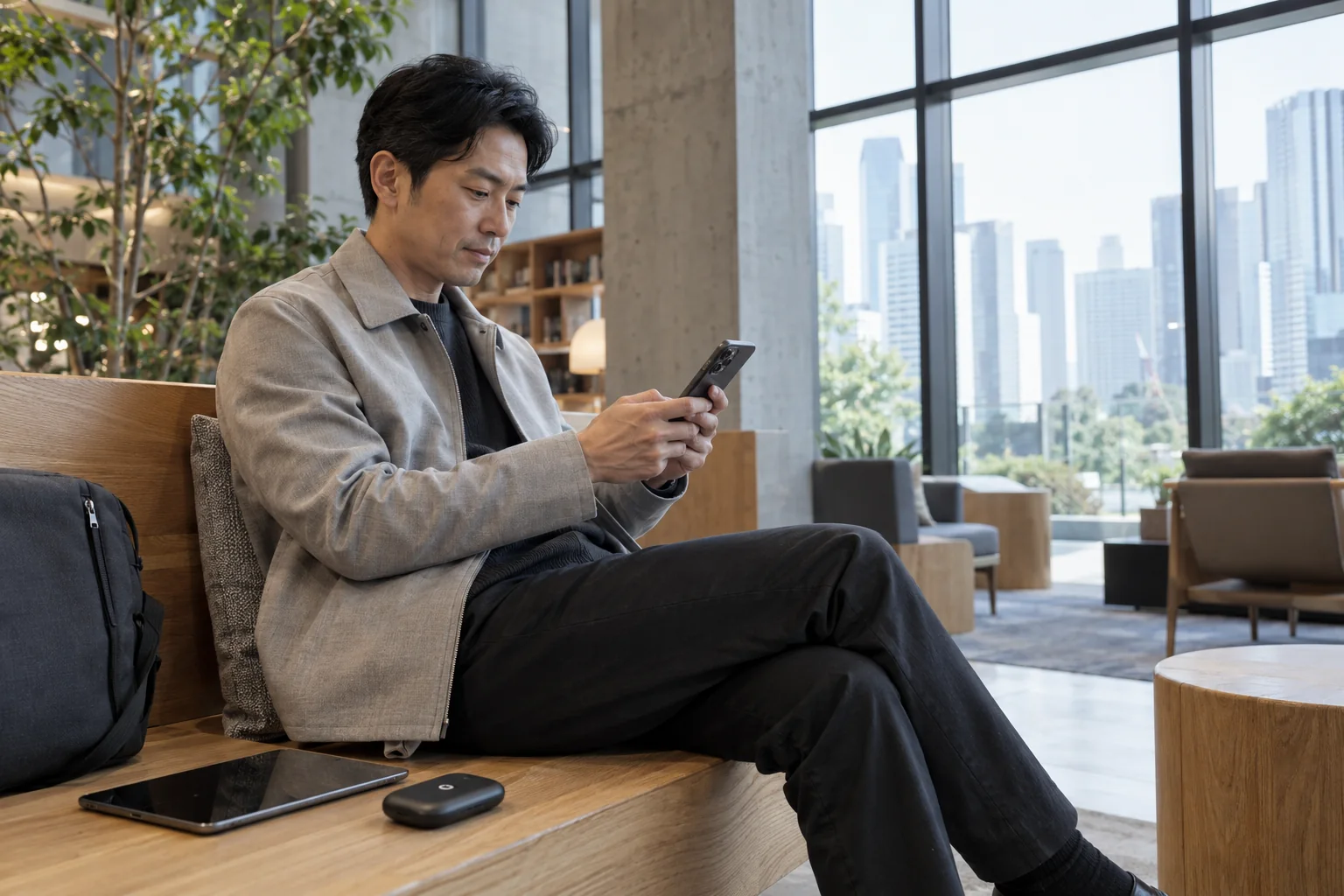 成年人在现代城市建筑共享空间使用手机,身旁有平板和便携热点