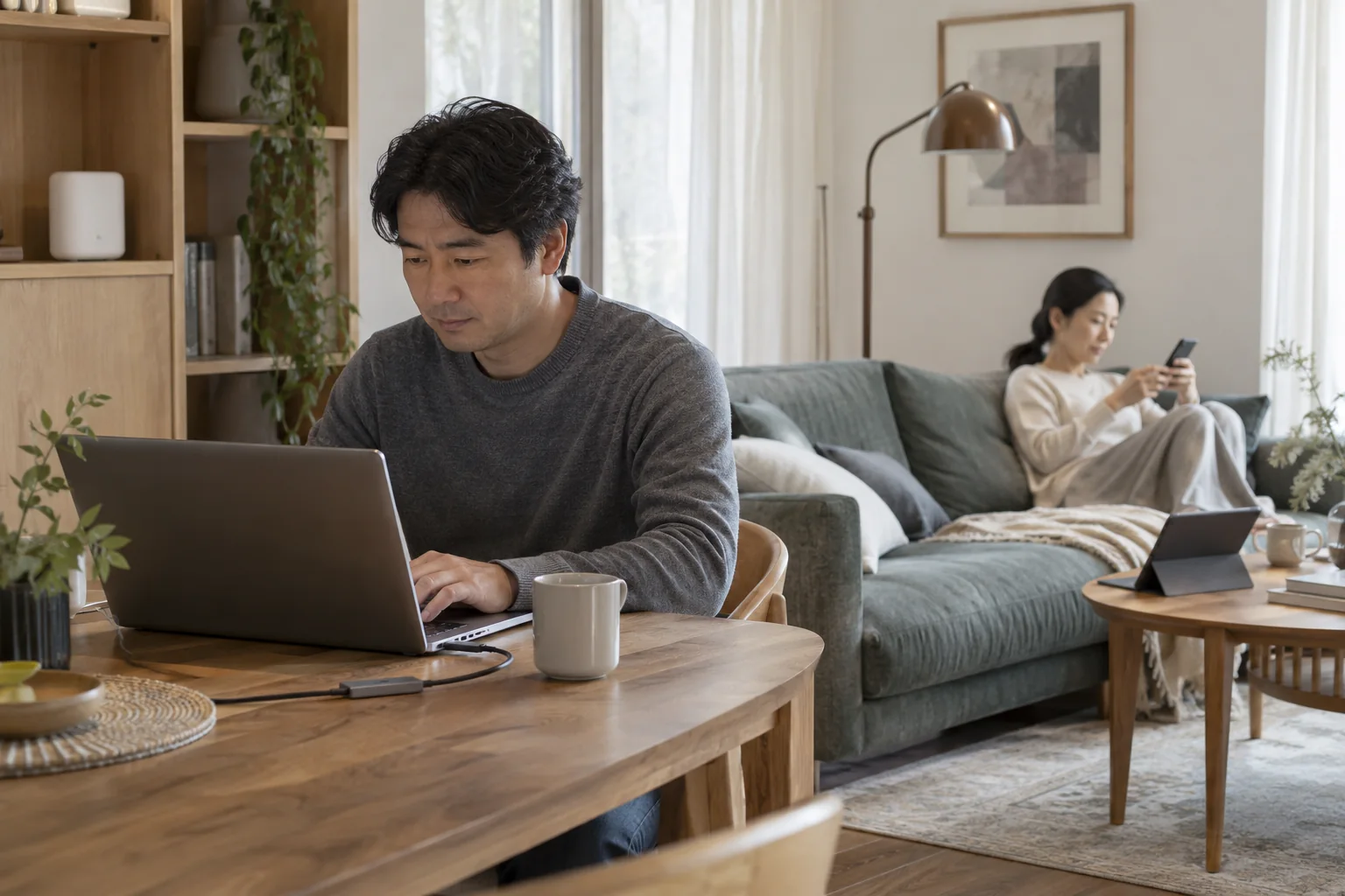 现代住宅中的成年人分别使用笔记本和Android手机,旁边有平板