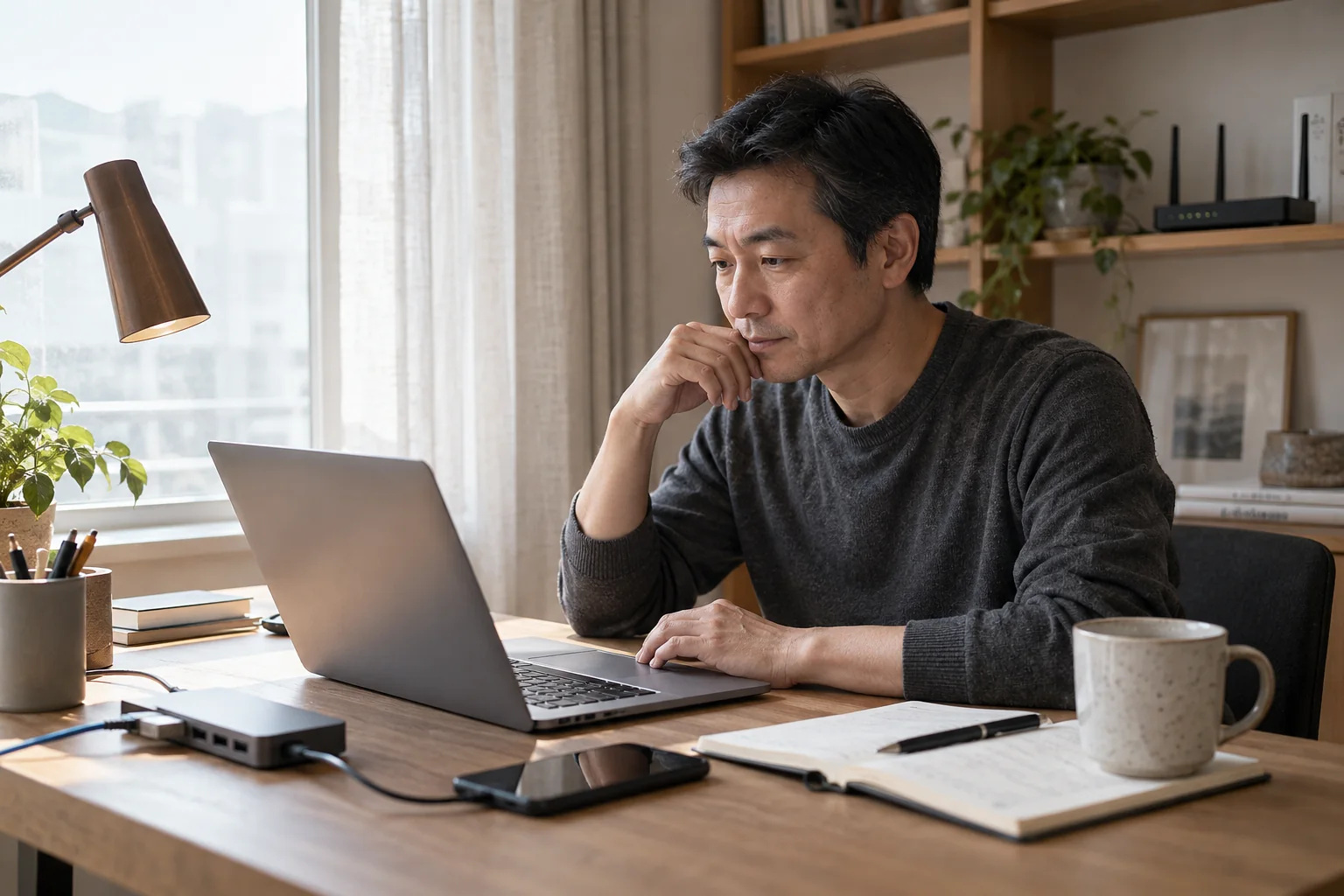 成年人在住宅书房使用笔记本进行远程工作,桌面有手机和网络扩展坞