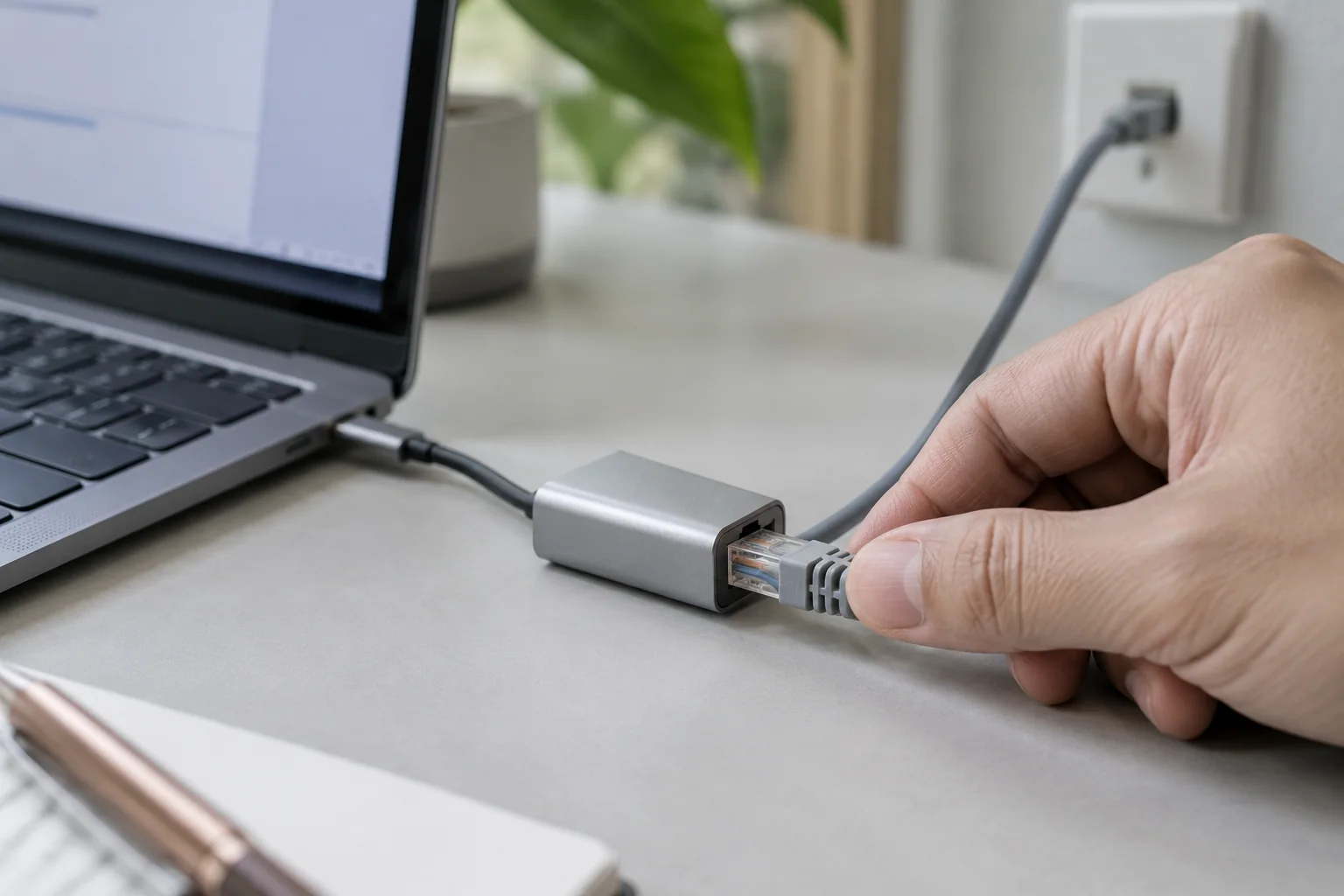 手部检查USB-C转网口上的RJ45插头,旁边有笔记本
